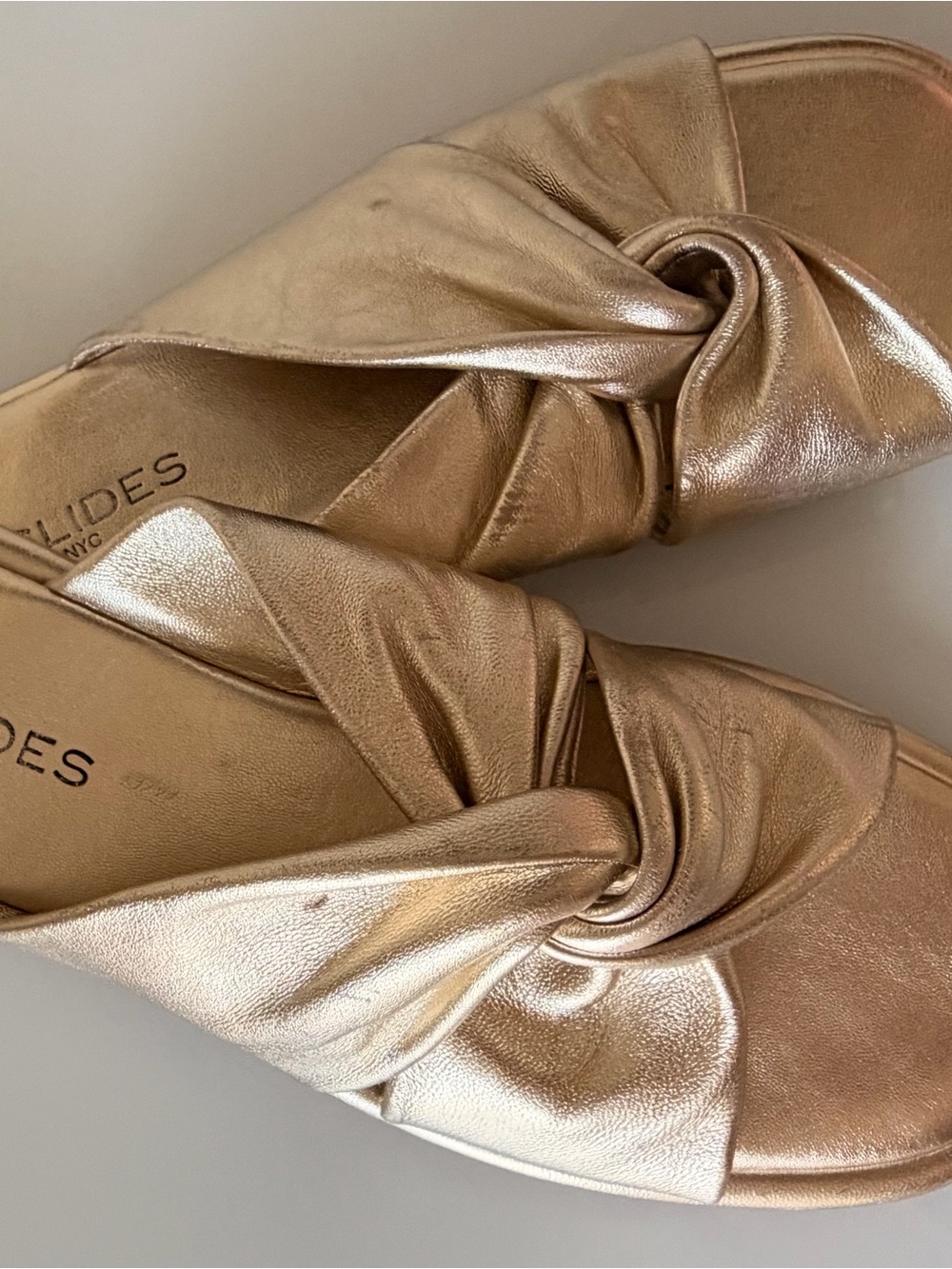 J/SLIDES Metallic Gold Knot Slide Mules Size 9